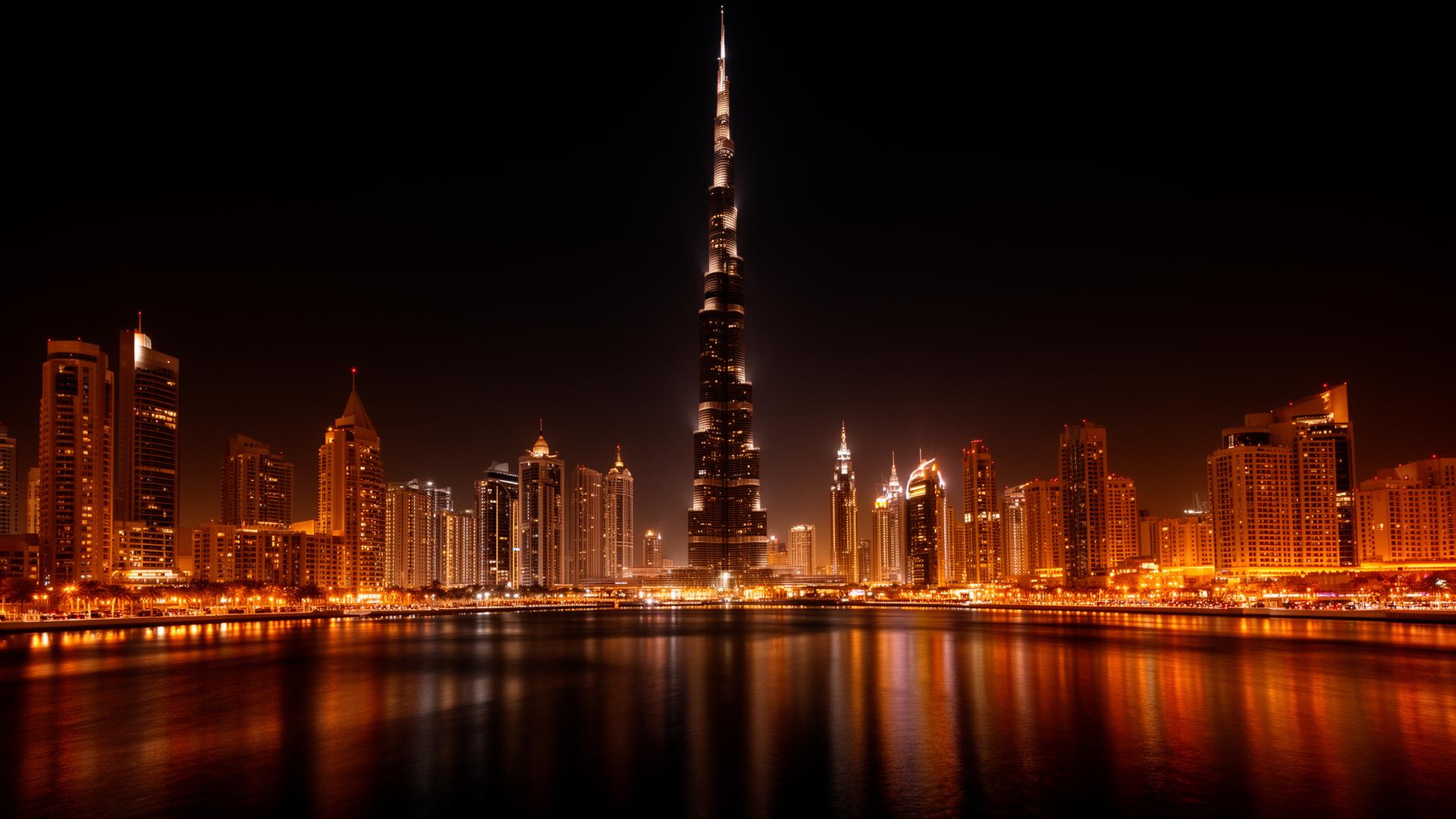 Dubai skyline at night with the Burj Khalifa